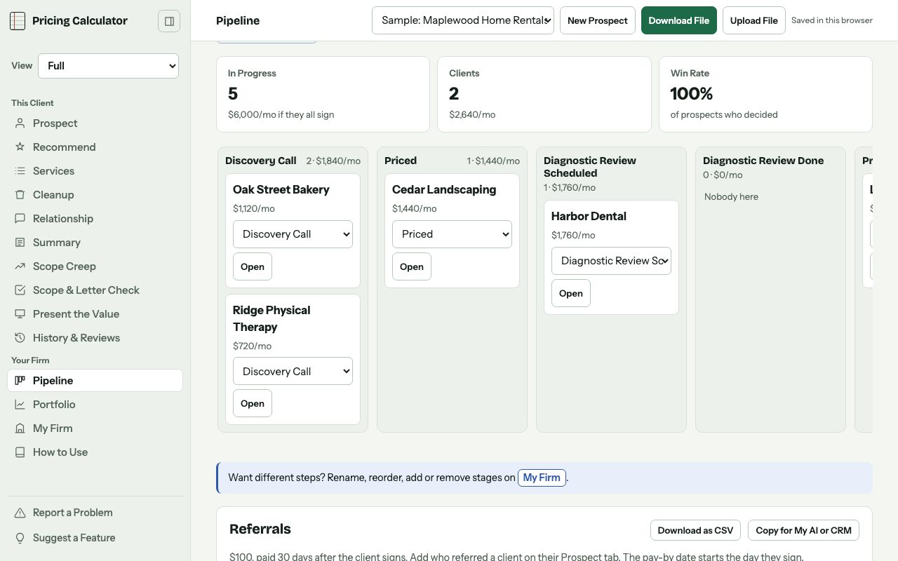 The Pipeline board with prospects in stages from discovery call to client